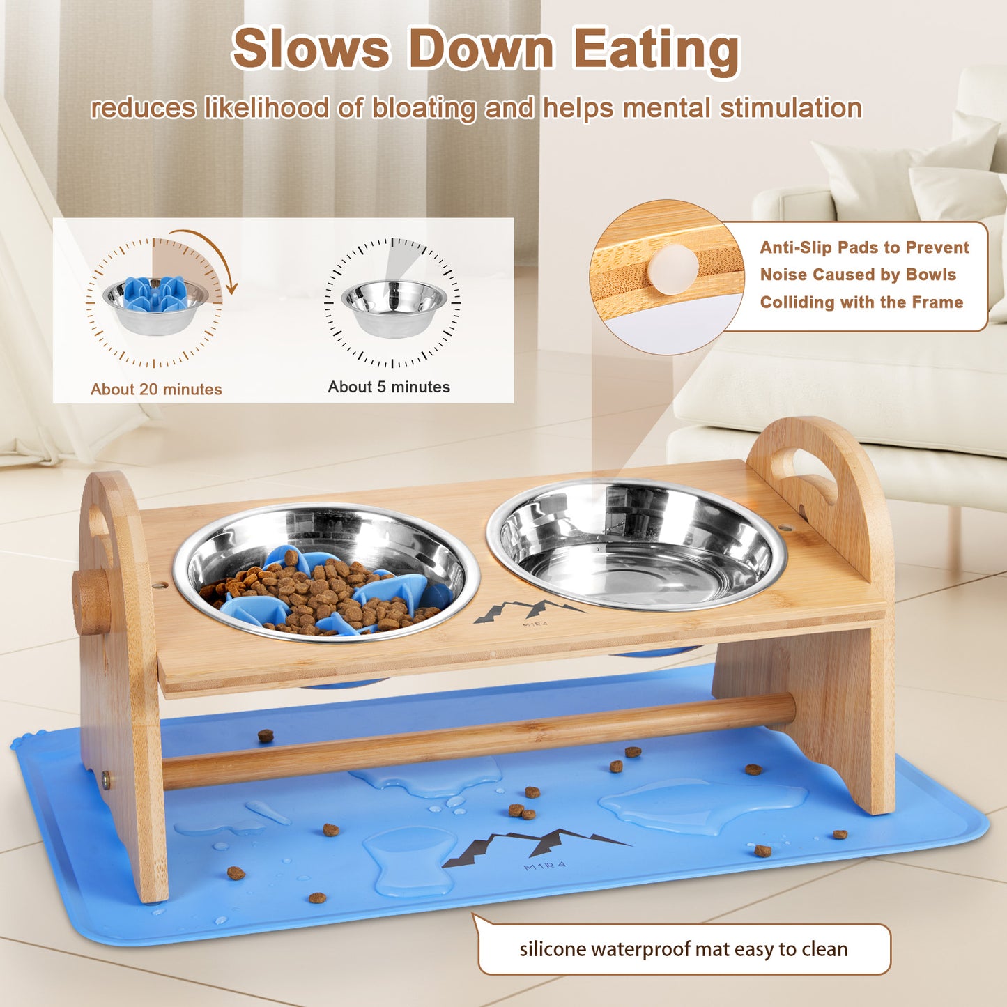 Bamboo Elevated Dog Bowl Set - Blue, Includes Slow Feeder and Mat