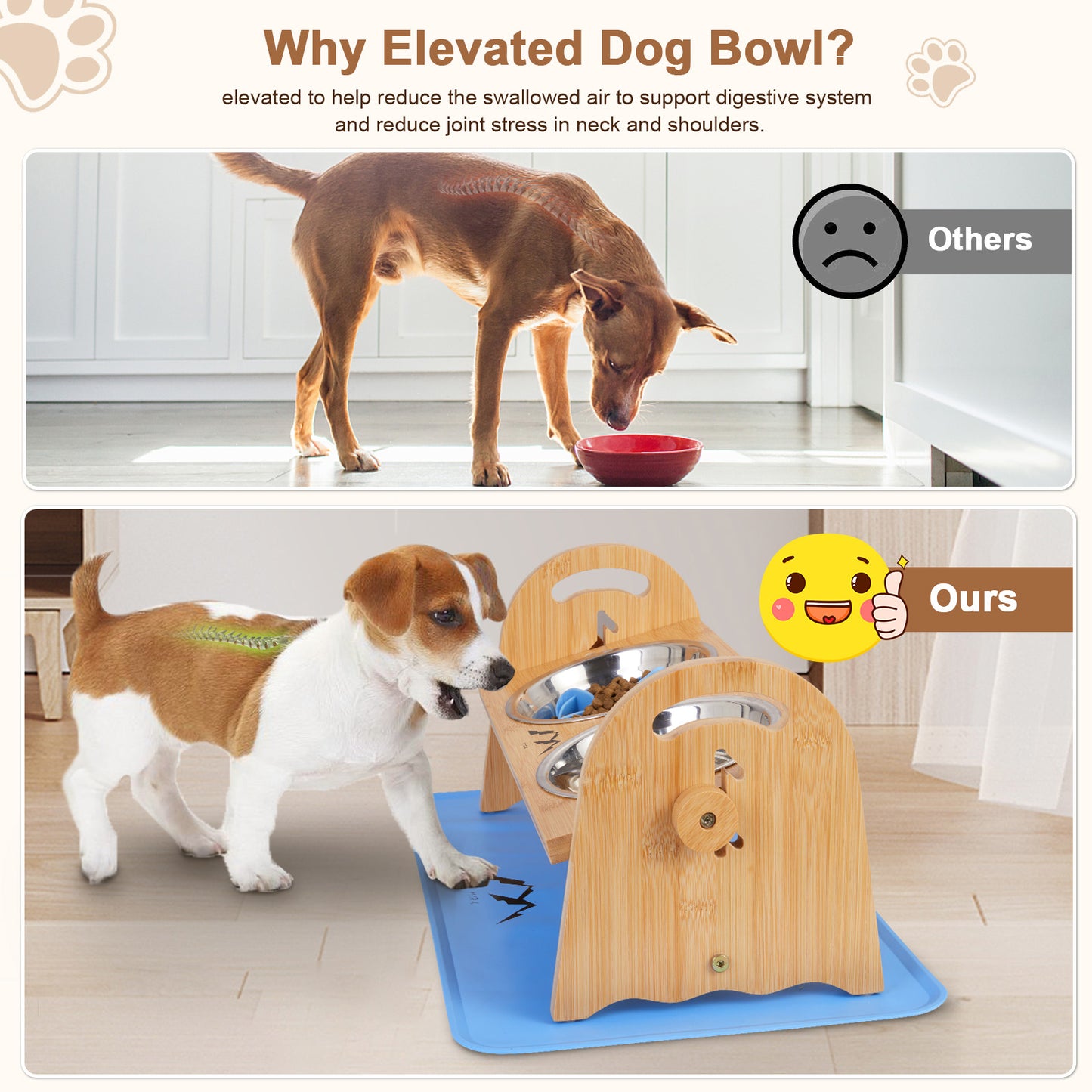 Bamboo Elevated Dog Bowl Set - Blue, Includes Slow Feeder and Mat