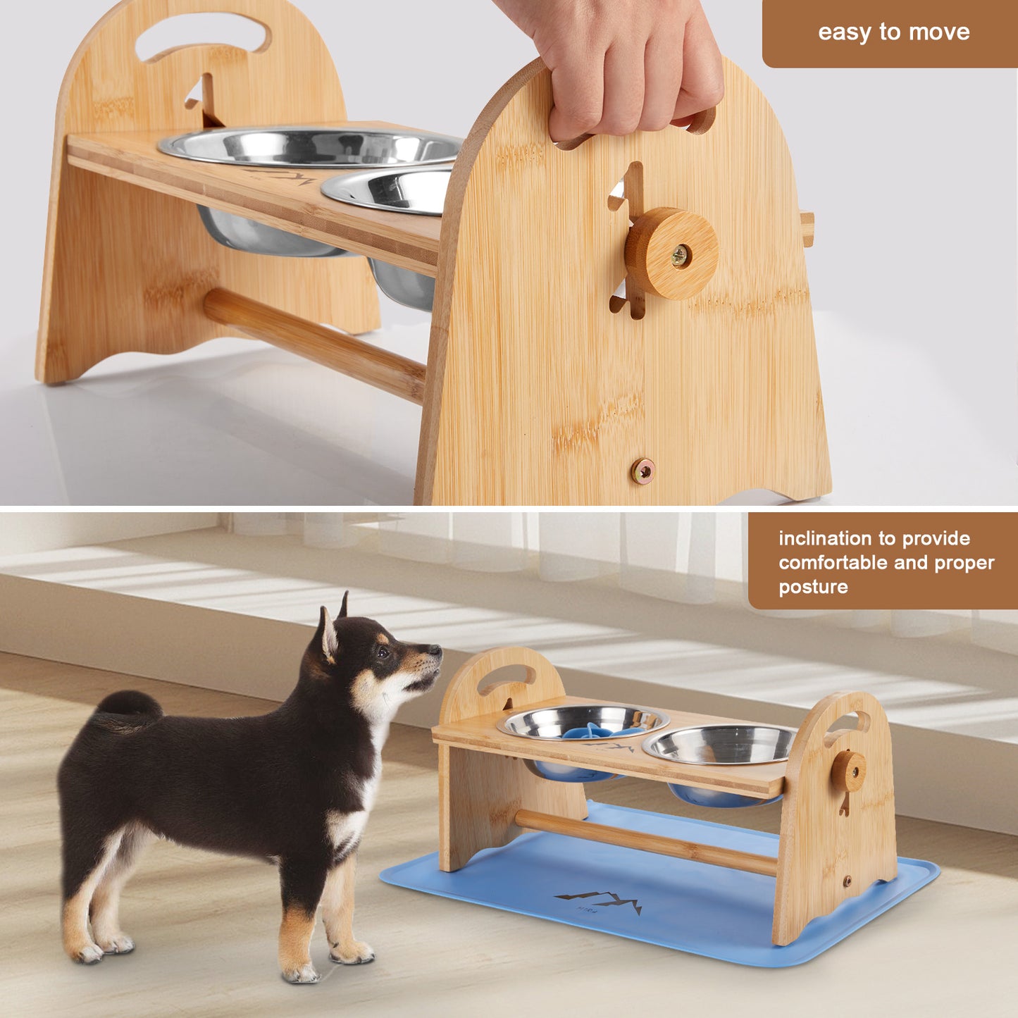 Bamboo Elevated Dog Bowl Set - Blue, Includes Slow Feeder and Mat