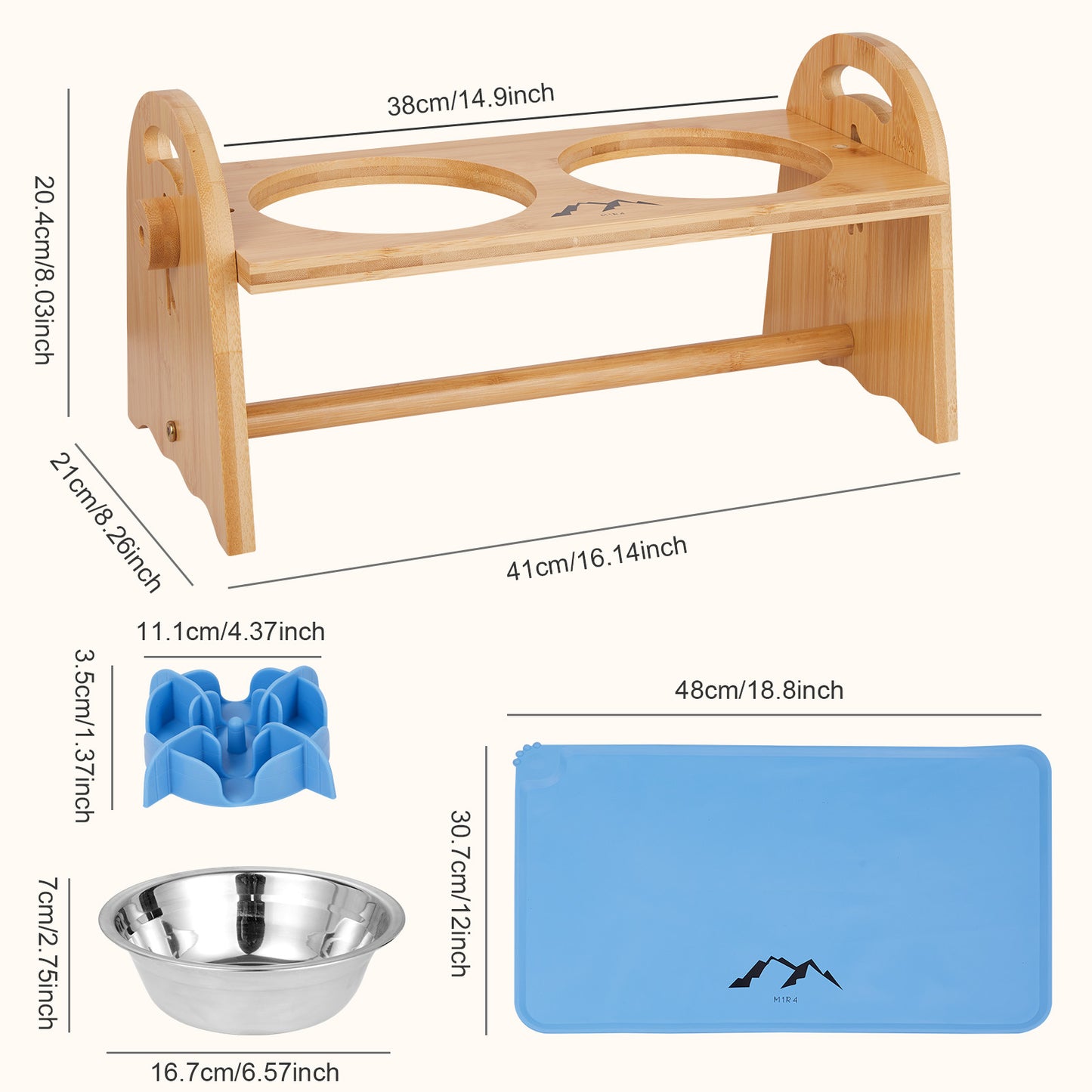 Bamboo Elevated Dog Bowl Set - Blue, Includes Slow Feeder and Mat