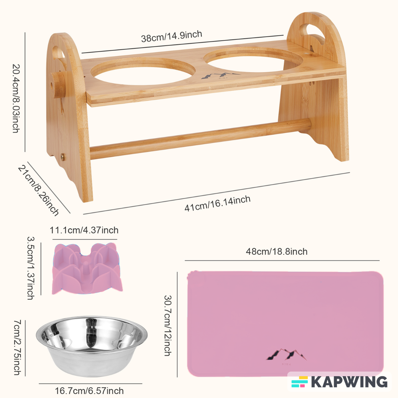 Bamboo Elevated Dog Bowl Set - Pink, Includes Slow Feeder and Mat