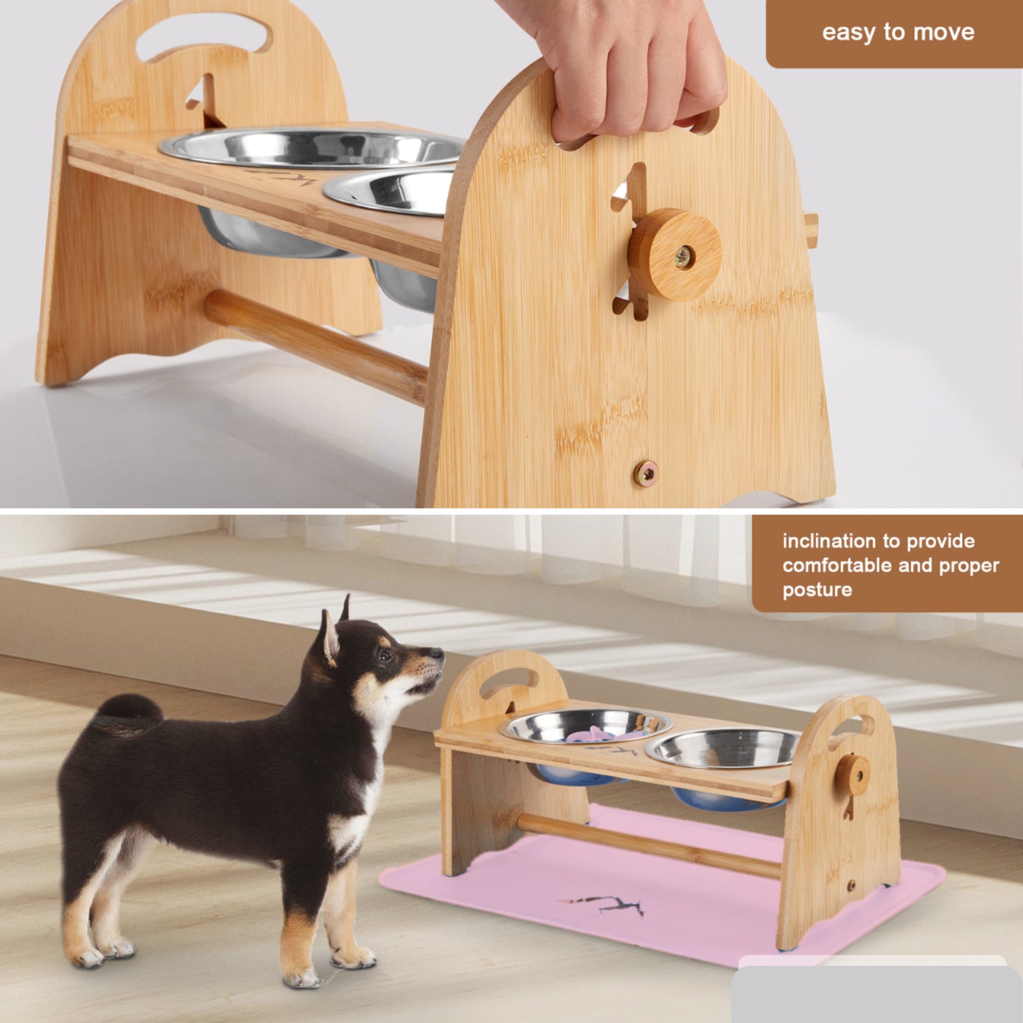 Bamboo Elevated Dog Bowl Set - Pink, Includes Slow Feeder and Mat