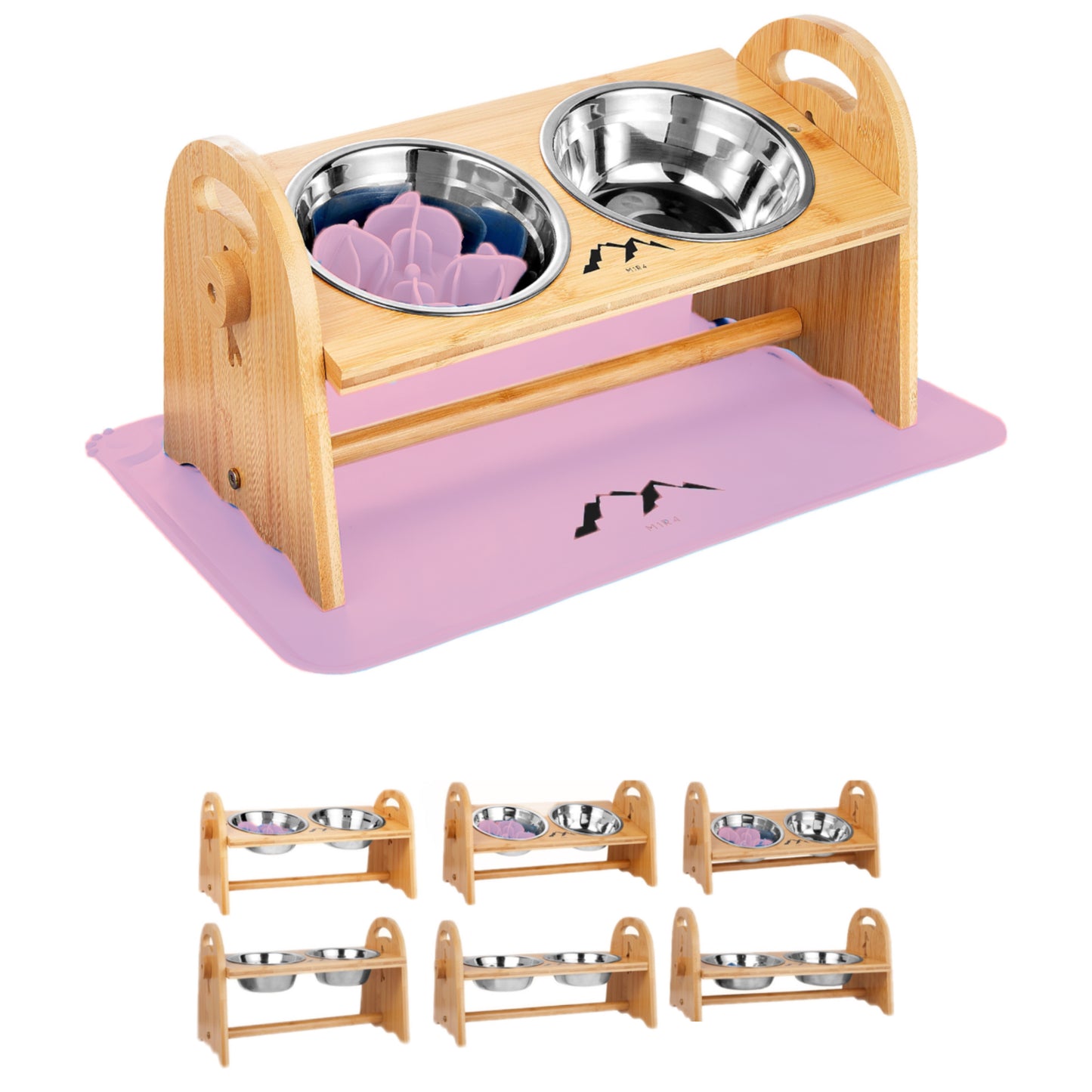 Bamboo Elevated Dog Bowl Set - Pink, Includes Slow Feeder and Mat