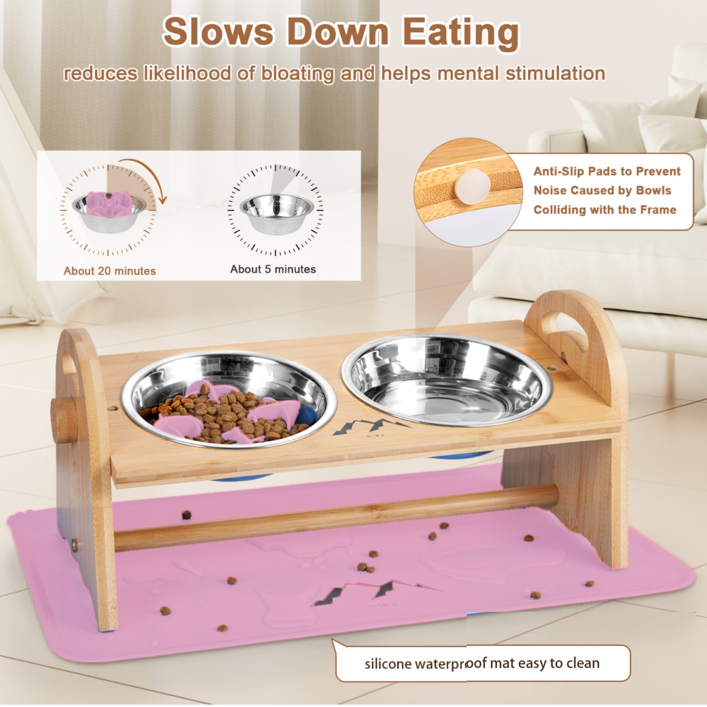 Bamboo Elevated Dog Bowl Set - Pink, Includes Slow Feeder and Mat