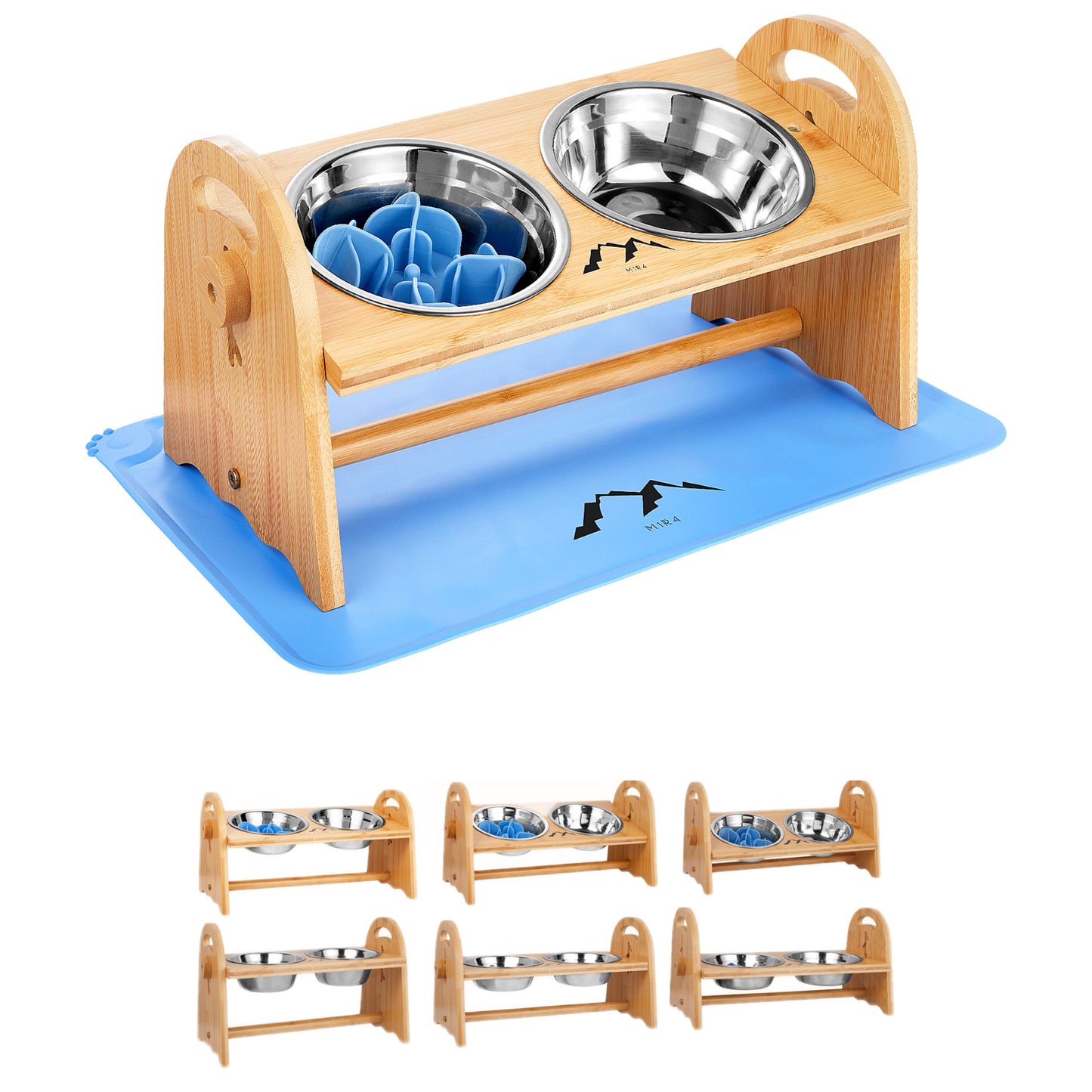 Bamboo Elevated Dog Bowl Set - Blue, Includes Slow Feeder and Mat